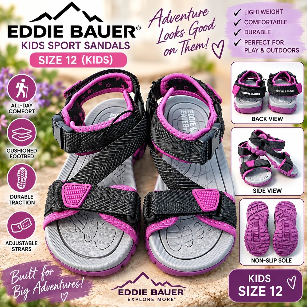 Eddie Bauer Glide Kids Sport Sandals Size 12 Black Purple Outdoor Hiking Shoes